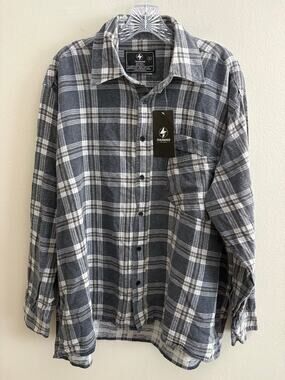 NWT Thunder Men XL Gray Plaid Flannel Shirt 100% Cotton Long Sleeve Casual